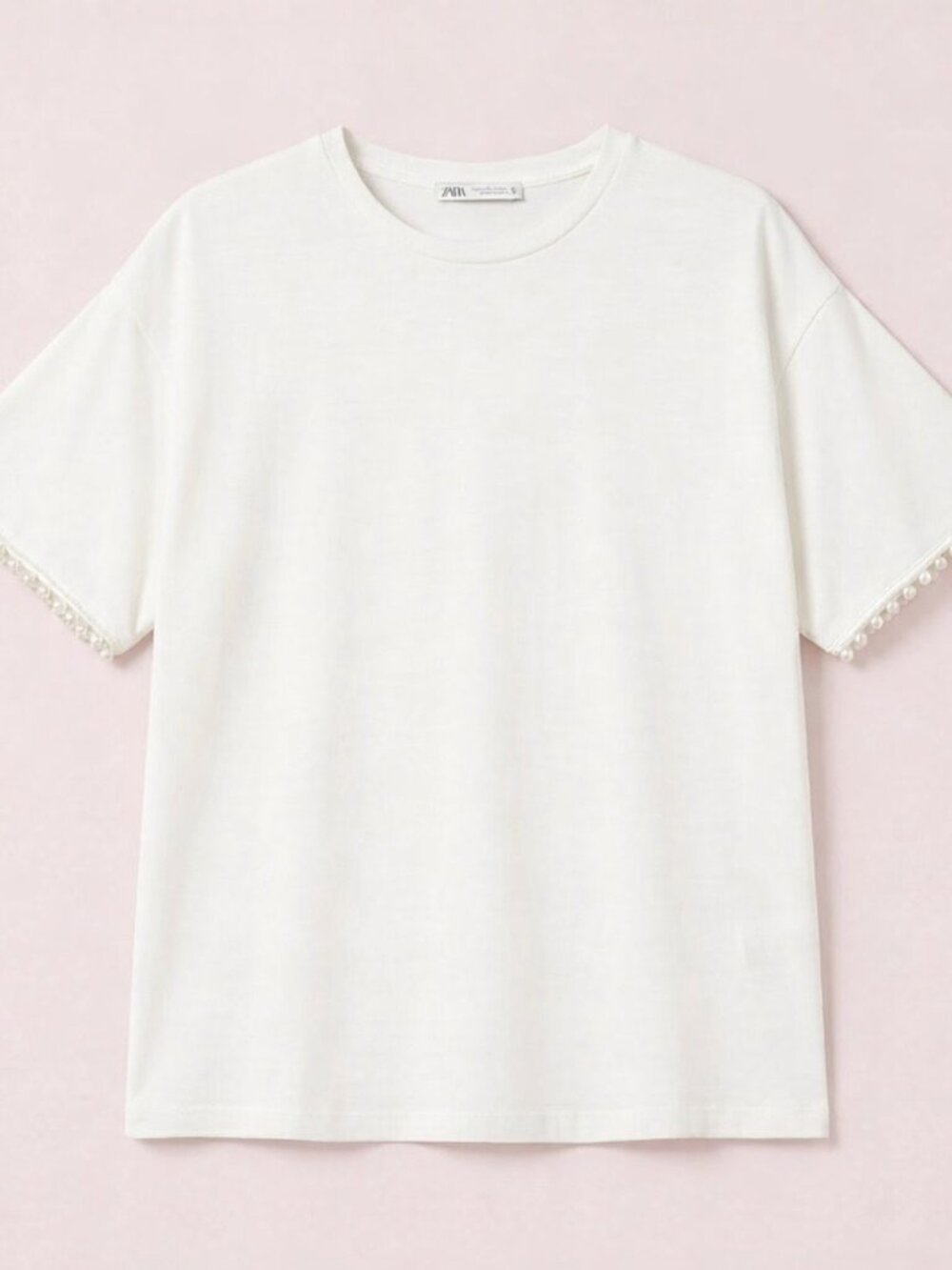 NWT Zara Trafaluc White Short Sleeve Tee with Pearl Trim